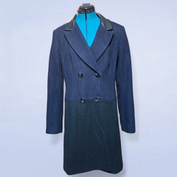 Vince Camuto Virgin Wool Colourblock Pea Coat with Faux Leather Collar - Large - Picture 1 of 8